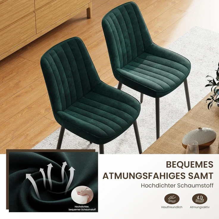 COLAMY Samt Esszimmerstühle 4er Set – Gepolsterte Stühle für Esszimmer & Küche mit Metallbeinen, Dickem Sitzpolster & Rutschfesten Füßen, grün – Bild 10