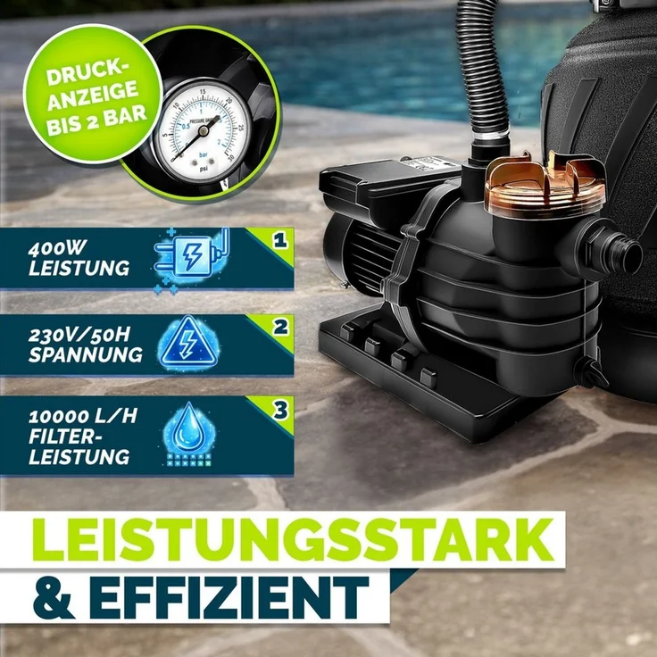 tillvex Sandfilteranlage 10 m³/h Filteranlage + 800g Filterbälle 7-Wege Ventil Poolfilter, Filterkessel mit Druckanzeige Sandfilter für Pool und Schwimmbecken – Bild 4