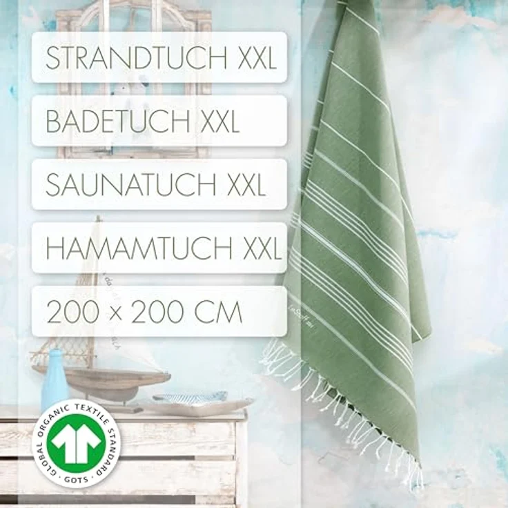 LeStoff Premium Hamamtuch XXL 200 x 200 cm – 100% Bio-Baumwolle, schnelltrocknend, saugfähig, nachhaltig, Olivgrün – Bild 2