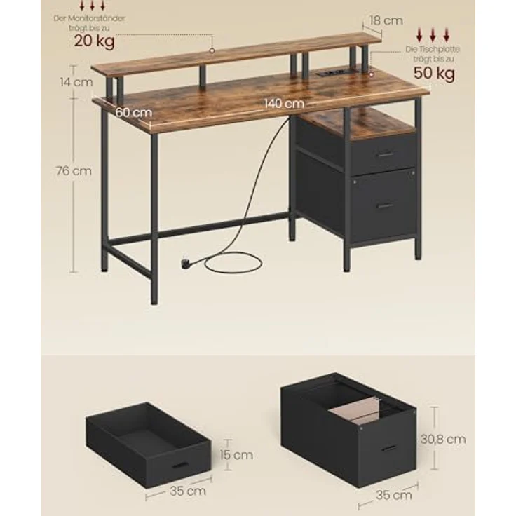 VASAGLE Schreibtisch mit Stoff-Schubladen, Computertisch mit Monitorständer, Bürotisch, 2 AC-Steckdosen, 2 USB-A-Anschlüsse, für Homeoffice, 140x60 cm, vintagebraun LWD094K02V1 – Bild 6