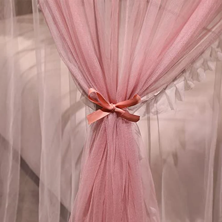 VETHIN 4 Ecken Pfosten Rüschen Prinzessin Bett Baldachin Vorhang, 4 Öffnungen Moskitonetz für Mädchen Erwachsene Schlafzimmer Dekoration (Rosa/Weiß, 162.6 cm Bx208.3 cm Lx208.3 cm H) Queen – Bild 7