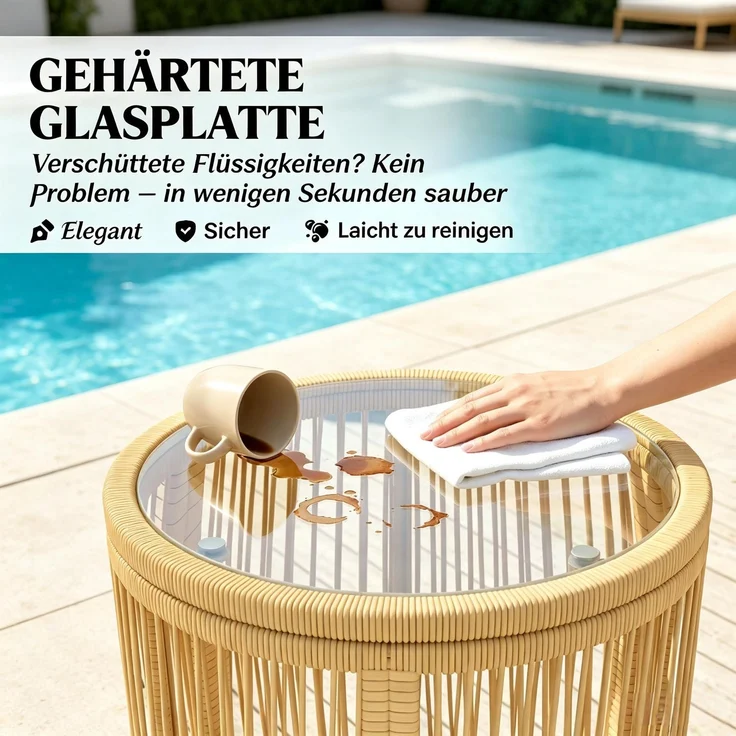 Balkon-Tischgruppe, Tisch H 47 x Ø 45 cm, Stahl und gehärtetes Glas, mit 2 Stühlen – Bild 7
