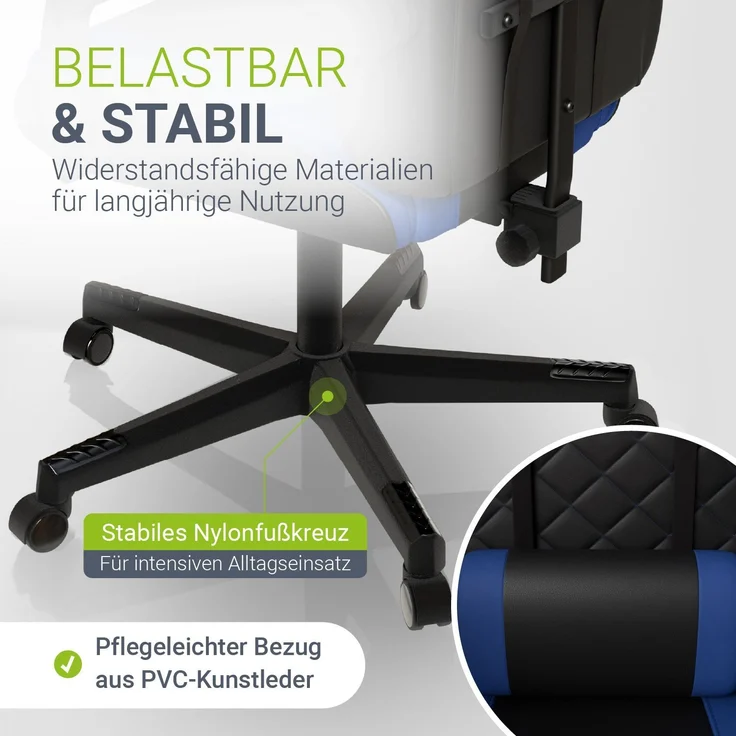 Juskys Gamingstuhl HyperSeat, verstellbare Rückenlehne, höhenverstellbarer Drehstuhl, Kunstleder, ergonomisch, für Büro & Gaming Setup – Schwarz/blau – Bild 6