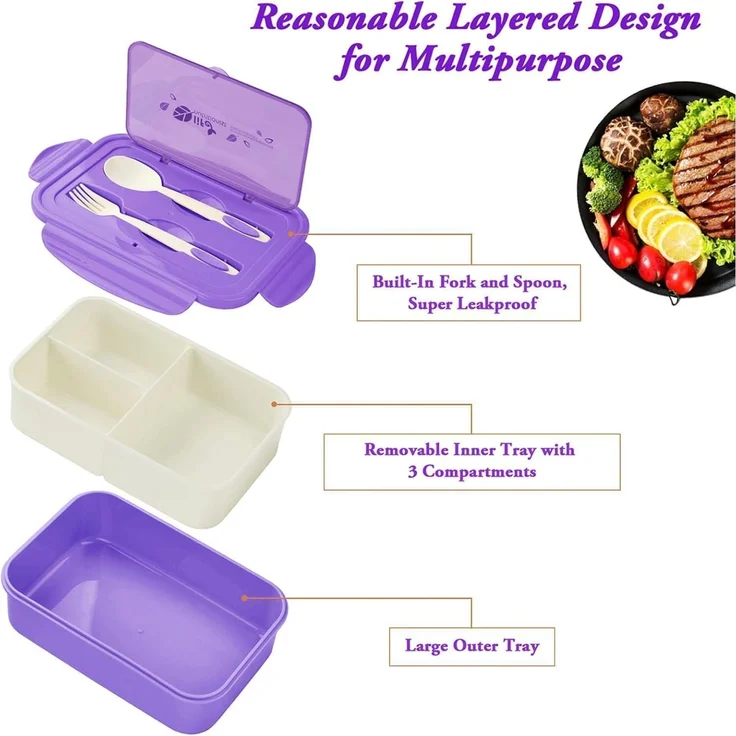 Brotdose Bento Box 3 Fächer Besteck auslaufsicher Violett – Bild 3