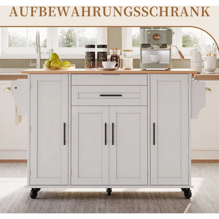 SeedWave Kücheninsel auf Rollen, mit Klappbarer Tischplatte, Besteckschublade, Staufächern, 1 Gewürzboard & Handtuchhalter, 3 höhenverstellbare Einlegeböden – Bild 2