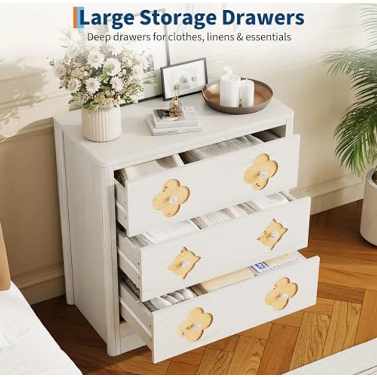 GarveeHome Kommode Mit 3 Schubladen, Nachttisch Mit Durchbrochenem Muster Und Kristallknauf, Dekorativer Beistelltisch Mit 220 kg Tragkraft, Für Wohnzimmer Und Schlafzimmer, 80 x 40 x 77 cm – Bild 7
