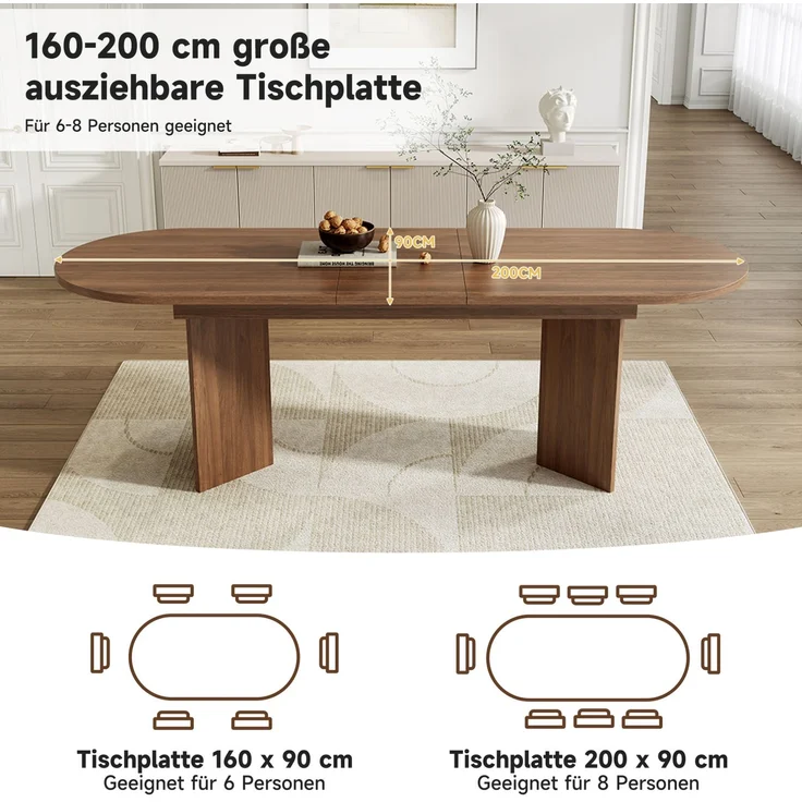 Esstisch 160/200x90 cm ausziehbar – MDF in Walnuss mit abgerundeten Ecken – Bild 6