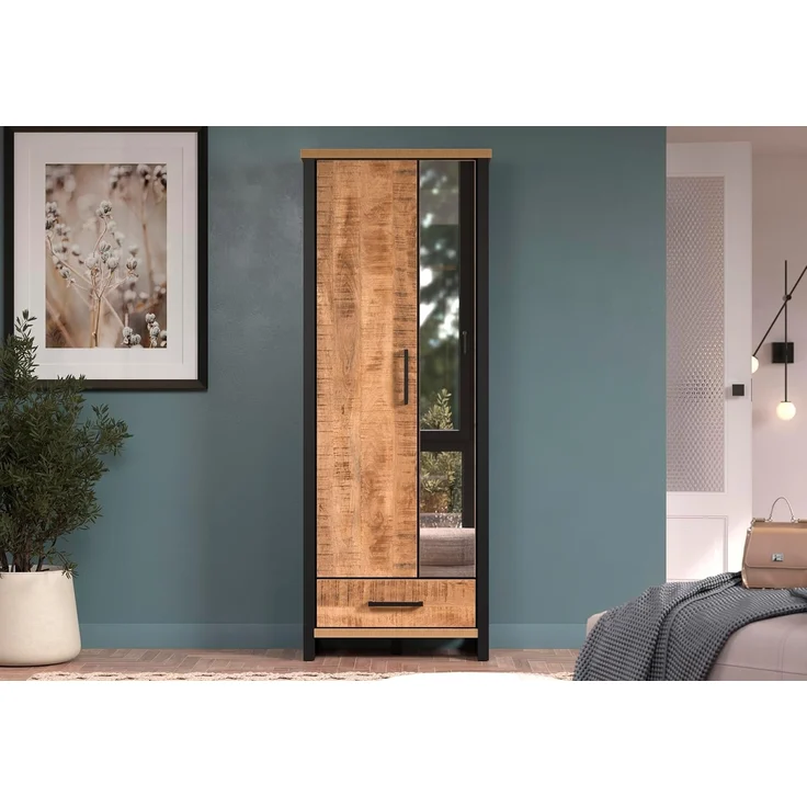 trendteam smart living – Enna – Garderobenschrank – Mango/Schwarz – Schrank mit 2 Türen, 1 Konstruktionsboden und 1 Schublade – (BxHxT) 73 x 195 x 39 cm – ausziehbare Kleiderstange – Bild 2
