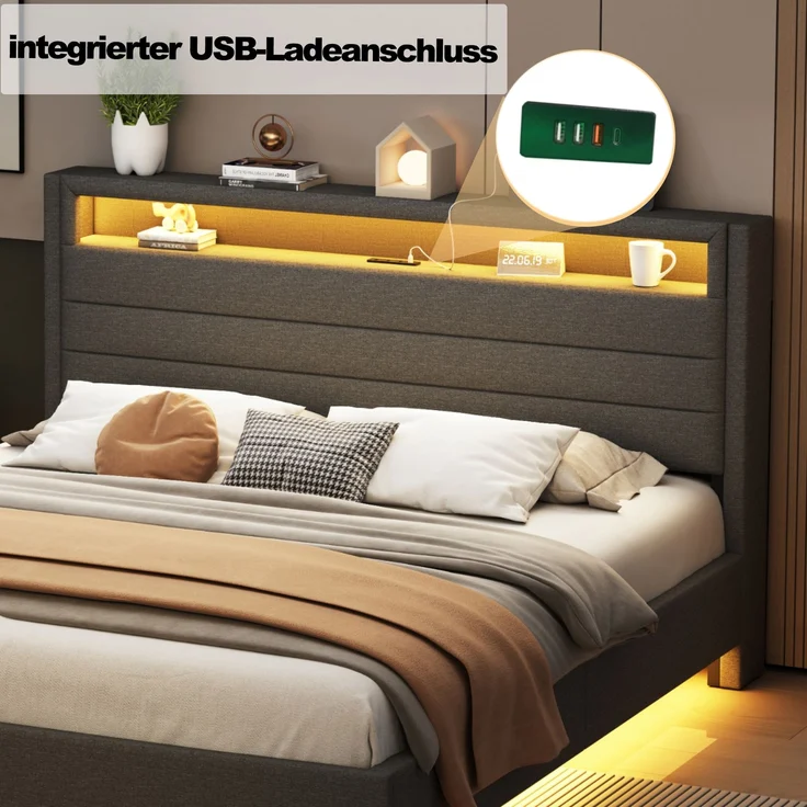 Polsterbett 140x200 cm mit USB-Steckdose und LED-Licht, wendbares Kopfteil, verdecktes Fußteil, Doppelflachbett, Jugendbett, Erwachsenenbett, Leinenstoff grau – Bild 6