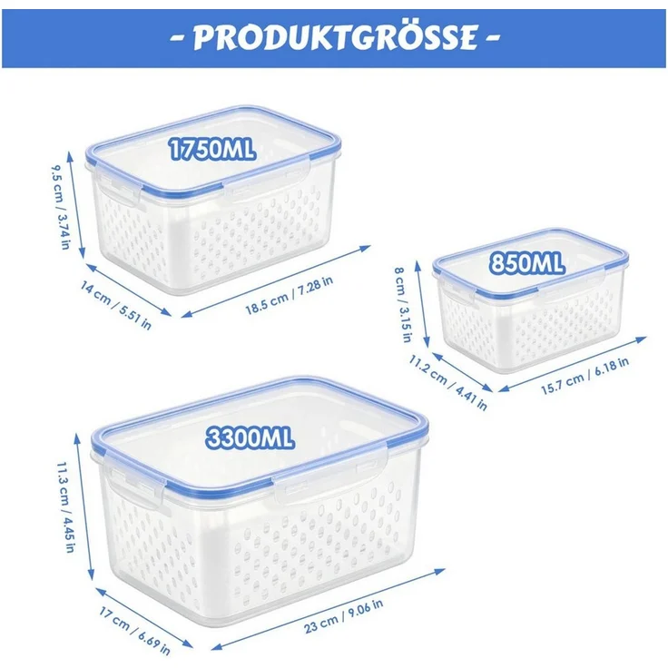 BlingBin Frischhaltedose 6 Stück Obst Aufbewahrung Kühlschrank, Abtropfen Beeren-Behälter, PP-Kunststoff, (6er Set, 6-tlg, Material: PP-Kunststoff, 0,85L+1,75L+3,3L), Gemüse Aufbewahrungsbox Organizer Set für Kühlschrank – Bild 2
