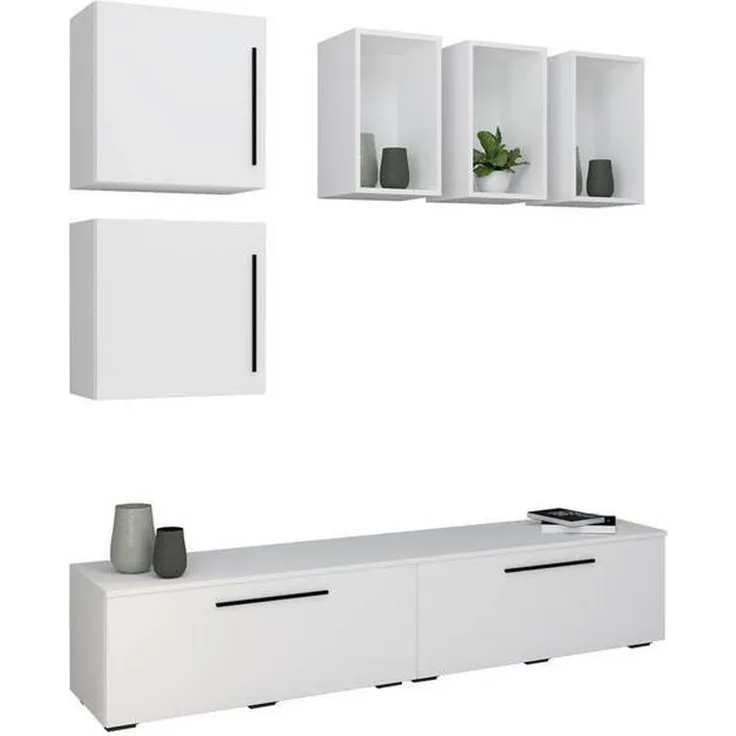 MID.YOU Wohnwand, Weiß, Kunststoff, 1,2,2,2 Fächer, 190x200x40 cm, Made in EU, verschiedene Holzdekore erhältlich