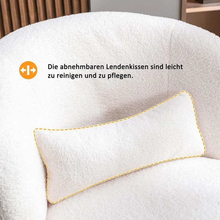 Schaukelstuhl aus Teddyplüsch in Weiß mit 360° Drehfunktion, ergonomischer Lendenstütze und Holzrahmen, Loungesessel mit Metallfuß – Bild 8
