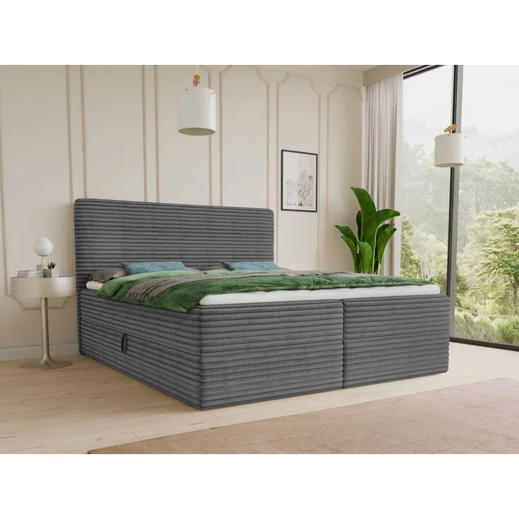Boxspringbett Mollo mit 2 Bettkästen, Doppelbett mit Bonell-Matratze und Topper, Polsterbett in weichem Cordstoff, Bett, Bettgestell für Schlafzimmer (Graphit (Tilia 90), 140 x 200 cm) – Bild 1