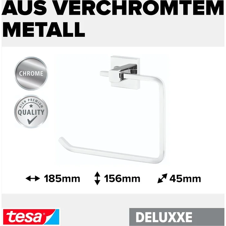 tesa Handtuchring DELUXXE Handtuchhalter ohne Bohren - 15,6 cm : 12,5 cm : 18,4 cm, selbstklebender Handtuchhalter - chrom - silber glänzend – Bild 3