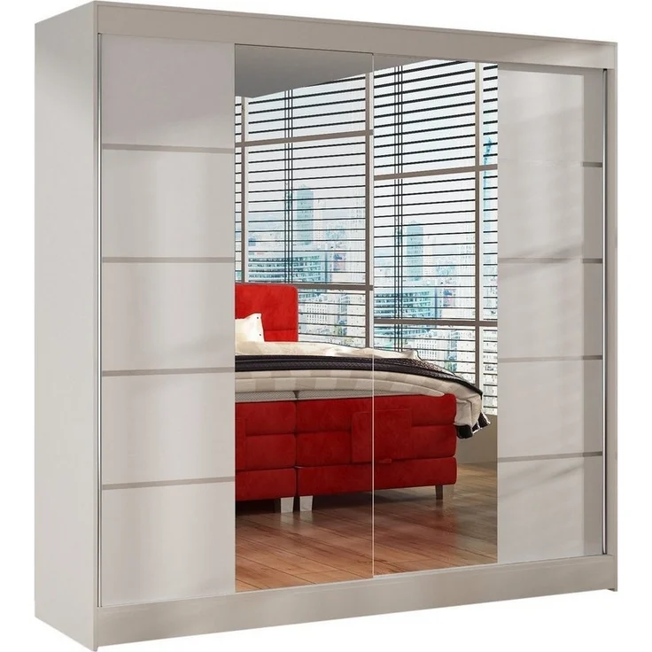 Schwebetürenschrank Basti V 200 cm mit Spiegel - Kleiderschrank mit 2 Türen, Kleiderstange und Einlegeboden, Schlafzimmerschrank, Schiebetürenschrank 200x215x58 cm (Weiß) – Bild 1