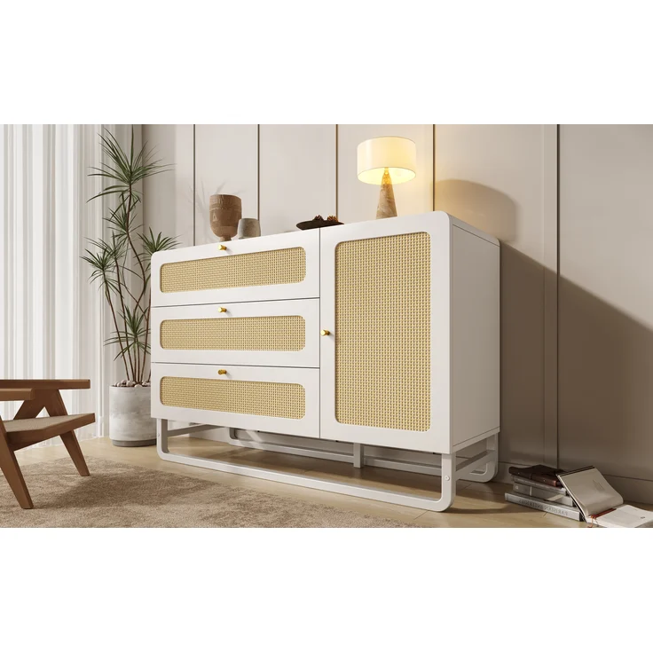 Sideboard Landhausstil mit Rattan & höhenverstellbaren Böden, 120x40x85 cm, Weiß – Bild 5