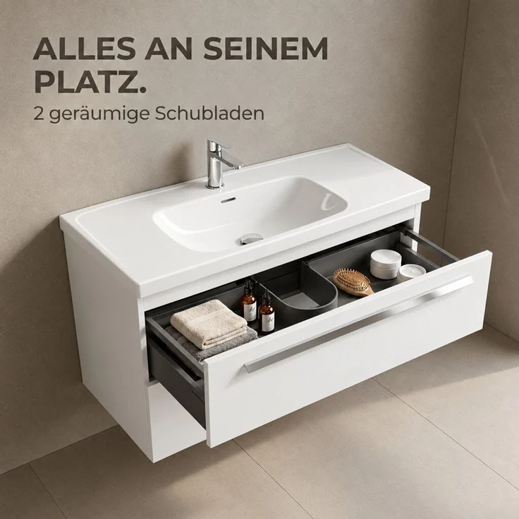 BADEDU TESSANO Waschbecken mit Unterschrank 90 cm breit, Weiß, Waschbecken Keramik Weiß – Bild 4