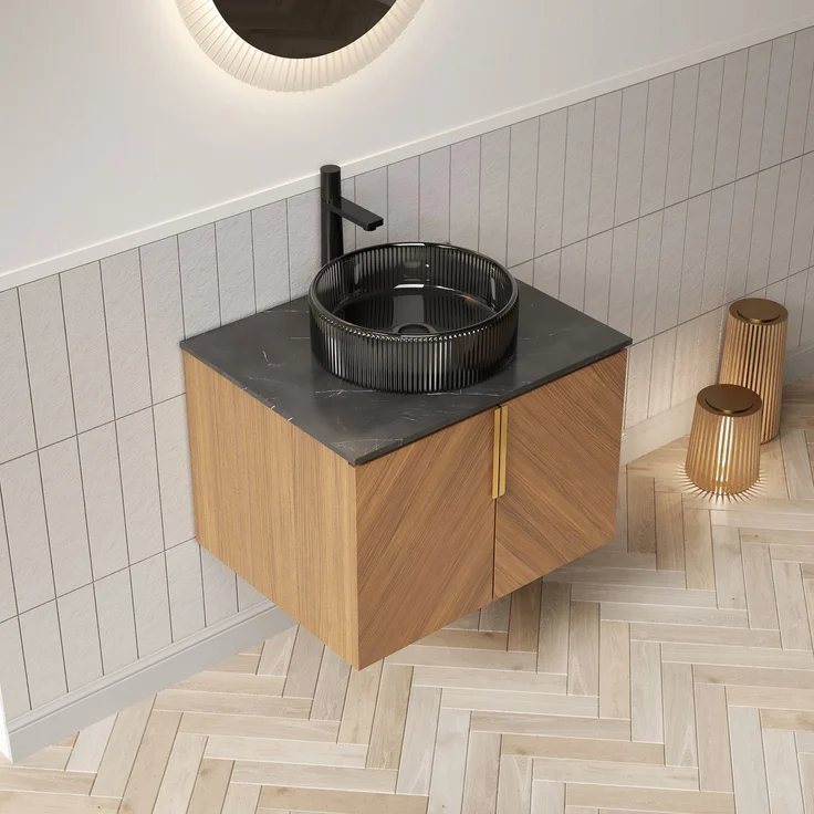 Badmöbel mit Glasbecken 61 x 50 x 52,6 cm, zwei Türen, Braun-Eiche-Optik – Bild 1
