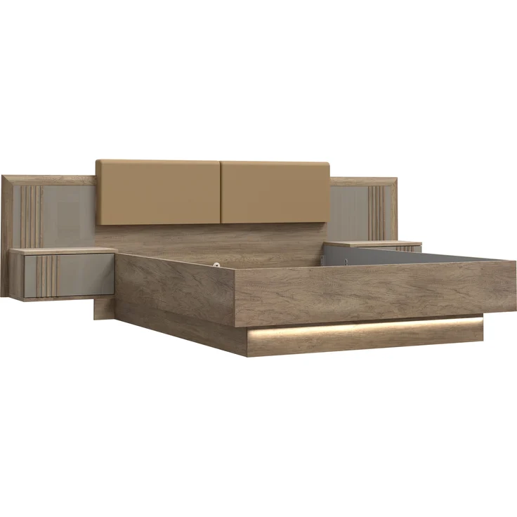 Bettanlage >SAVONA< mit LED, Eiche Antik Dekor / Beige Glanz - 290,1x97,5x206,6cm (BxHxT) – Bild 1