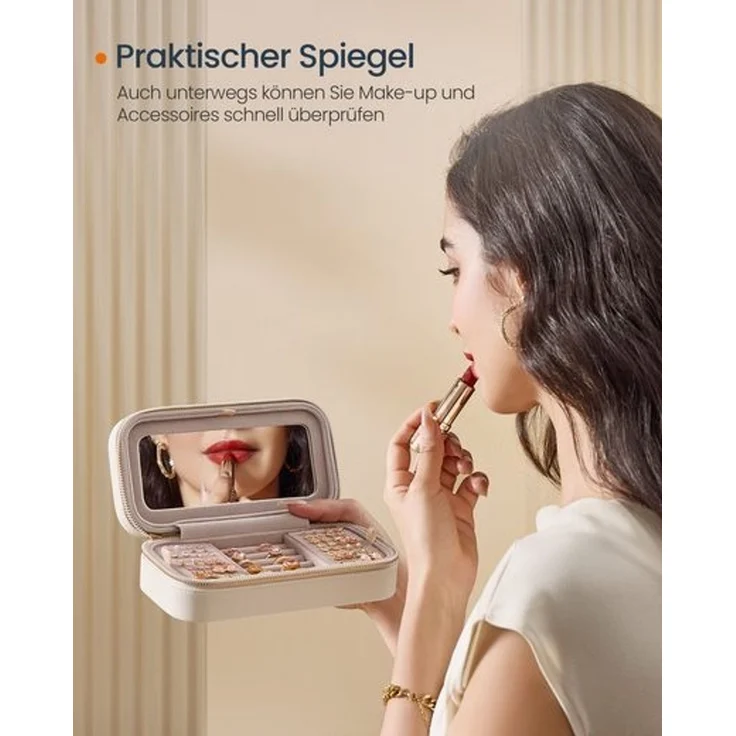 SONGMICS HOME ANAH Kollektion - Schmuckkästchen Reise, Schmuckkasten klein Schmuckaufbewahrung mit Spiegel, PU mit Nähten, Reißverschluss, Geschenkidee, wolkenweiß – Bild 4