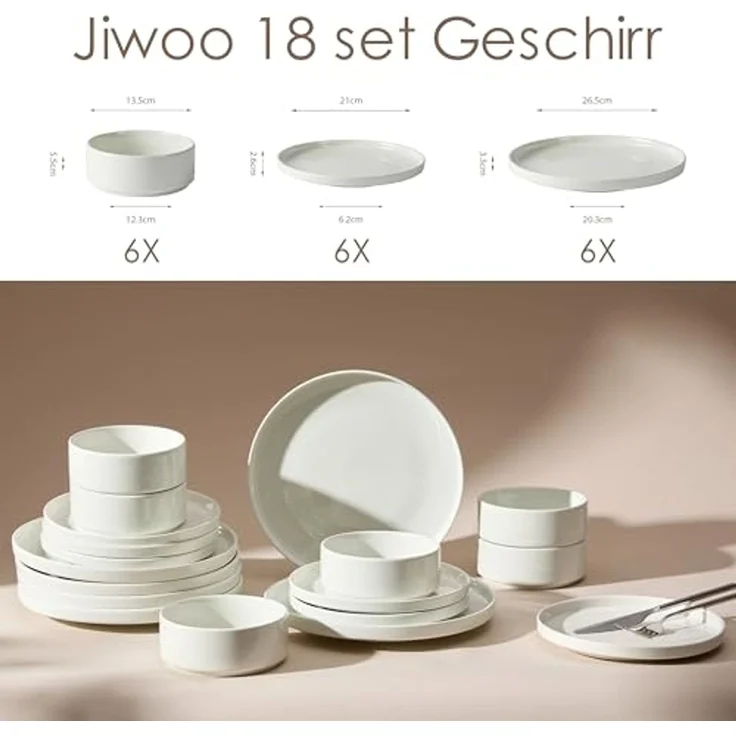 JIWOO Geschirr-Set 18er Tafelservice TellerSet Kombiservice Schüssel Speiseteller Set (18-tlg), 6 Personen, Keramik, Hochwertiges Keramik Geschirr Set Weiß Mikrowellen spülmaschinenfest – Bild 2