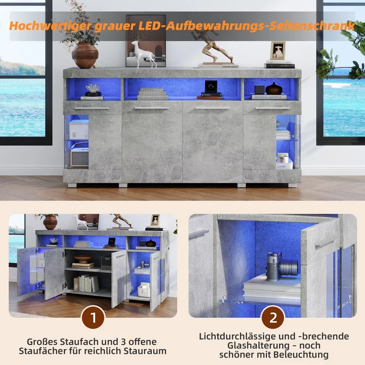 Beistelltisch Sideboard 140x40x70 cm, zementgrau mit LED-Beleuchtung & Glasfronten – Bild 7