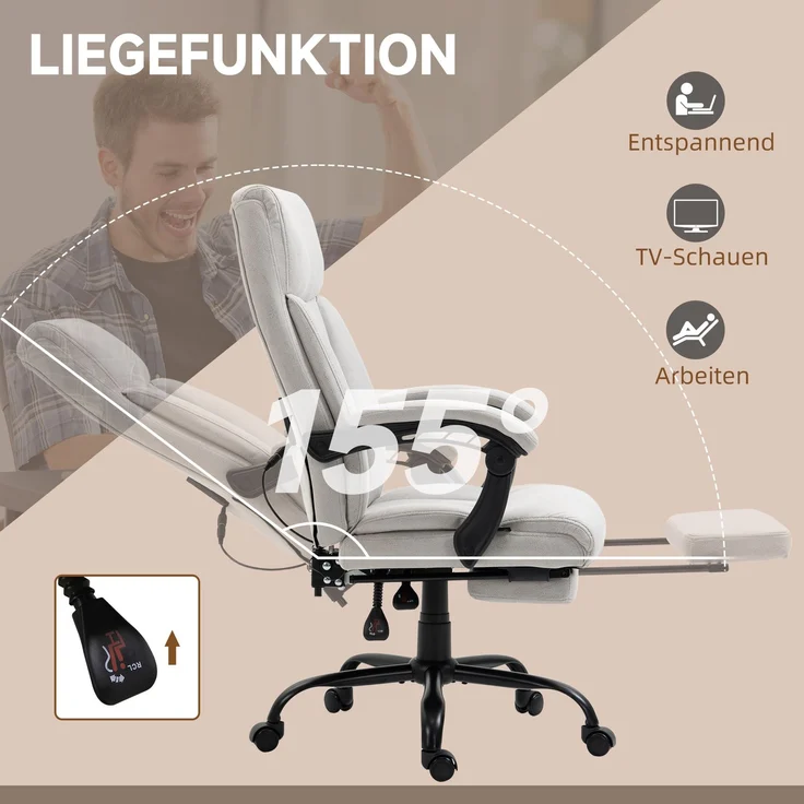 Bürostuhl mit Massagefunktion, ergonomischer Chefsessel mit höhenverstellbarer Fußstütze, Hellgrau für Büro & Homeoffice--Hellgrau--65x74x119cm--YOUDENOVA – Bild 6