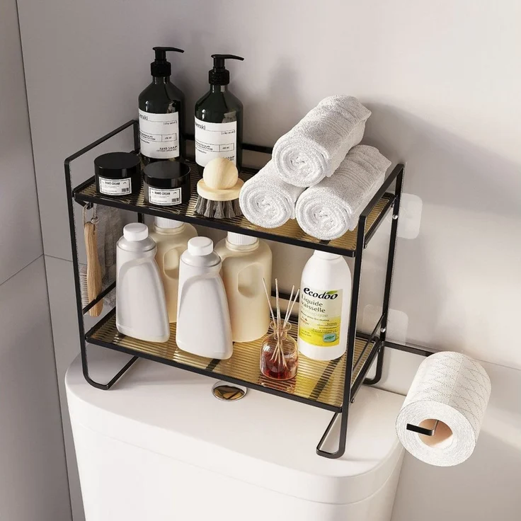 GarveeMore Badregal Neu Über der Toilette Lagerung Regal, 2-Tier Bad Lagerung Organizer, Mit Papierhalter und 2 Haken platzsparendes Metallregal zur Aufbewahru – Bild 1