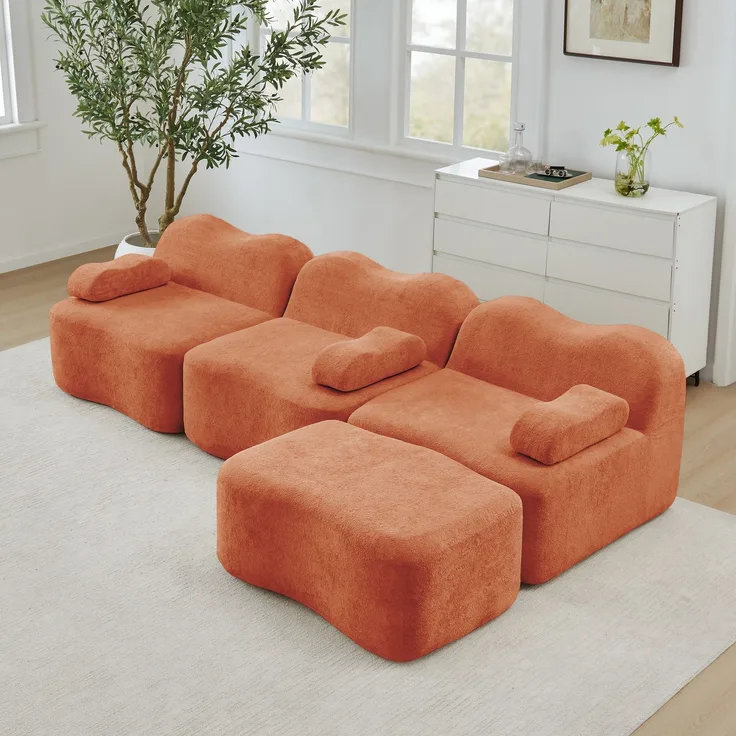 EINHOM 3-Sitzer L-förmiges Modulares Boneless Sofa mit 1 Ottoman, 32D Hochdichtschaum, Wellenform, tiefe Sitzfläche, bewegliches Armlehnenkissen, für Wohnzimmer, Orange