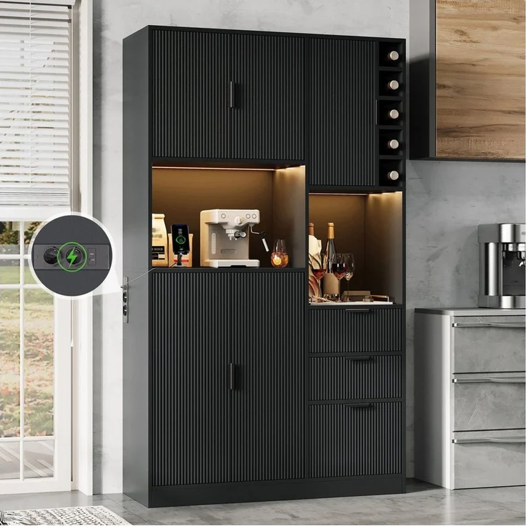 Flieks Küchenbuffet mit Steckdosen, LED-Beleuchtung und verstellbaren Einlegeböden (1-St, B105/T40/H180 cm) Hochschrank Küchenschrank mit verstellbaren Einlegeböden Schwarz – Bild 1