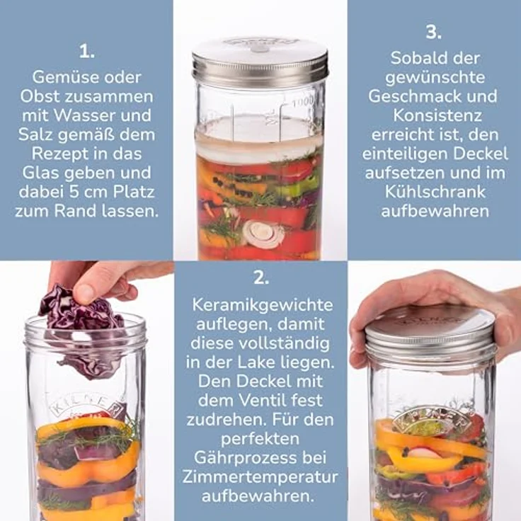 Kilner Fermentier Set / 1 Liter Glas mit Gärungsdeckel/einfaches Haltbarmachen von Gemüse/Fermentieren Starter Set/Konservieren von Gemüse, wie Sauerkraut und Kimchi/Einmachglas 1l – Bild 8