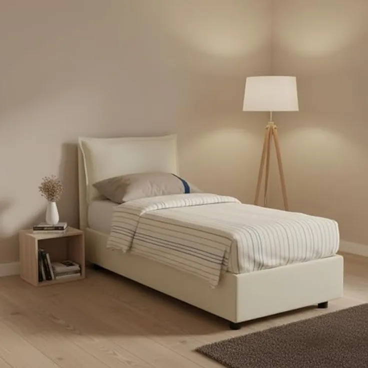 Talamo Italia - Penelope Einzelbett, Bettkasten mit Stoffbezug, 100 % Made in Italy, Öffnung vorne, inklusive Matratze 90 x 190 cm, Beige