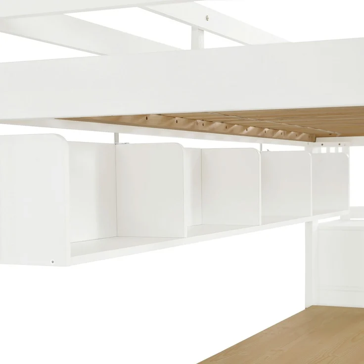 Hochbett mit Schreibtisch, Rausfallschutz, Lattenrost und Stauraum, 90x200 cm, Kinderbett, Kiefer – Bild 10