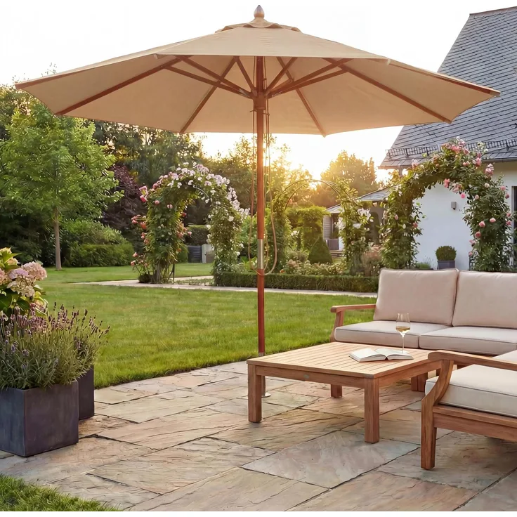 Gastronomie Holz-Sonnenschirm HWC-C57, Gartenschirm, Polyester/Holz 16kg, rund Ø4m Seilzug stoßsicher ~ creme