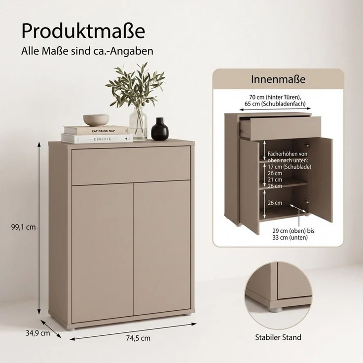 Newroom Schuhschrank Taupe 75 cm grifflos mit Schublade und 2 Türen für Flur und Diele – Bild 4