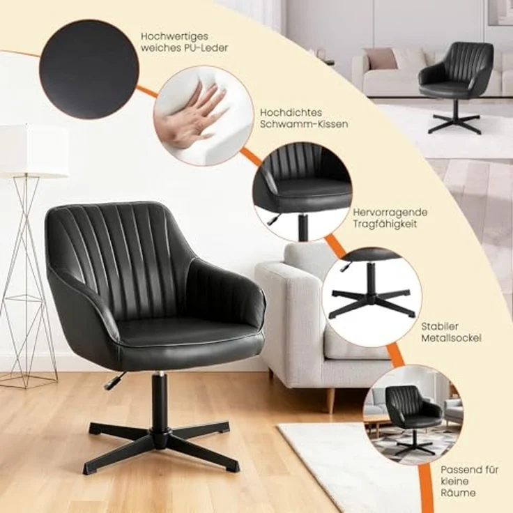 Sweetcrispy Esszimmerstühle, Küchenstuhl Drehbar & Höhenverstellbar - Leder Sessel Esstisch mit Armlehne, 360° Drehstuhl Esszimmer in Schwarz, 6 Stück – Bild 4
