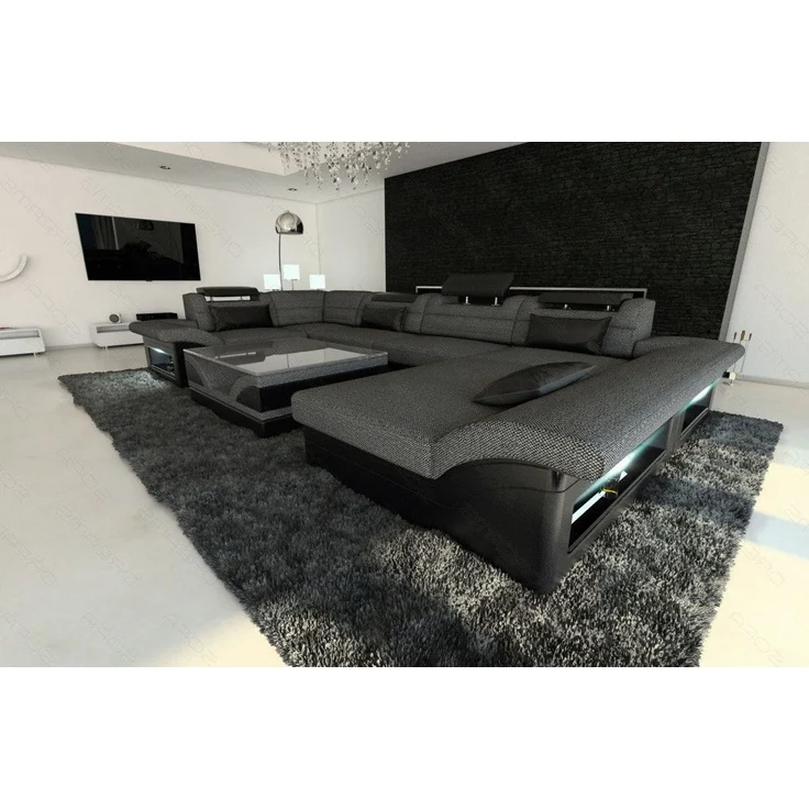 Sofa Dreams - Stoff-Wohnlandschaft Enzo XXL LED U-Form - Strukturstoff - Schwarzgrau-Schwarz - Rechts – Bild 2
