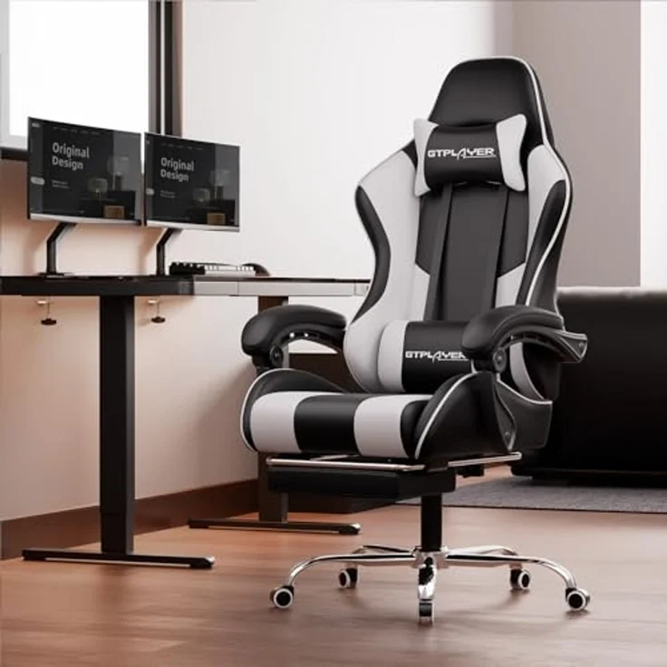 GTPLAYER Gaming Stuhl Ergonomischer Schreibtischstuhl Drehstuhl, Chefsessel mit Wippfunktion, bis 136 kg belastbar, Verlängerte und Verbreiterte Rückenlehne, Weiß – Bild 2