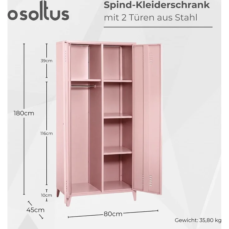 Industrial Metall Kleiderschrank Spind 2 Türen 80 x 45 x 180cm Pink Rosa – Bild 3