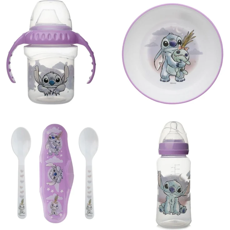 Disney Baby Lilo & Stitch – Mahlzeiten-Set für Kinder – Kindergeschirr – auslaufsichere Tasse mit Griffen, Flasche 360 ml, rutschfeste Schüssel, 2 Löffel mit Transportbox – ab 10 Monaten