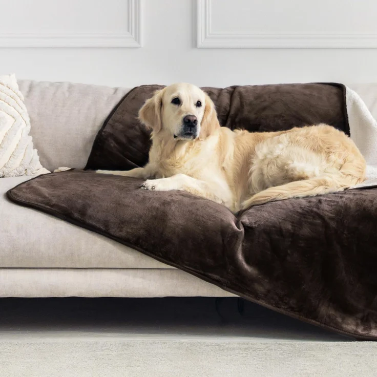 Dreamzie - wasserdichte Hundedecke Flauschig - 127x152cm - Braun | Sherpa-Fleece · Waschbar · Decke für unterwegs, Bett, Sofa, Auto, Outdoor · Katzendecke · Weich · Wendedecke 2-in-1