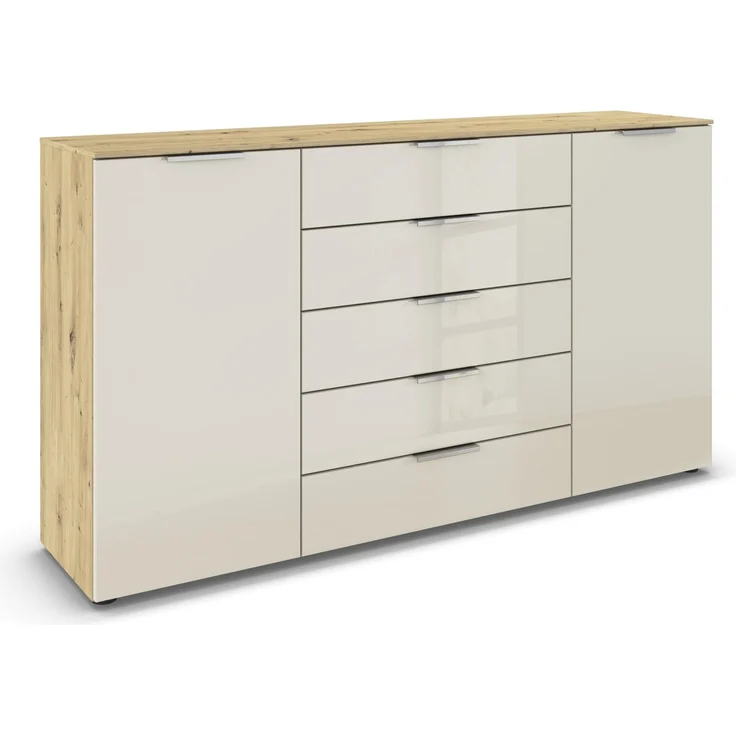 Rauch Möbel Flipp, Kommode für Schlafzimmer, Kinderzimmer, Wohnzimmer, Jugendzimmer, Flur, Garderobe, 2-türig, 5 Schubladen, mit Softclose-Funktion, Farbe Eiche Artisan, Holz/Glas Beige, Breite 180 cm – Bild 1