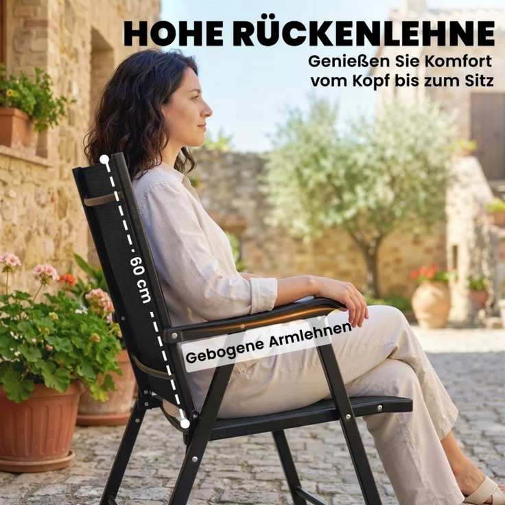 2er-Set Klappstuhl Gartenstuhl klappbar mit hoher Rückenlehne Armlehne Stahl Texteline 58 x 62 x 97 cm Schwarz--Schwarz--62x58x97cm--YOUDENOVA – Bild 4