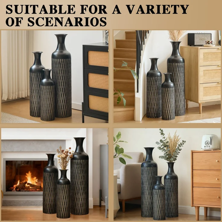 LVHOM 3er Set Bodenvase, Große Vasen aus Metall mit Rillenmuster, Dekovase für Trockenblumen, Höhen 50/66/83 cm, Vasen Set für Wohnzimmer, Flur und Büro, Schwarz – Bild 3