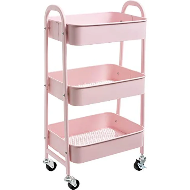 DOEWORKS Rollwagen Metall Servierwagen mit Rollen 3 Etagen Küchenwagen Bastelwagen Rollwagen Küche Aufbewahrungswagen für Wohnzimmer Schlafzimmer Badezimmer Büro, Rosa – Bild 2