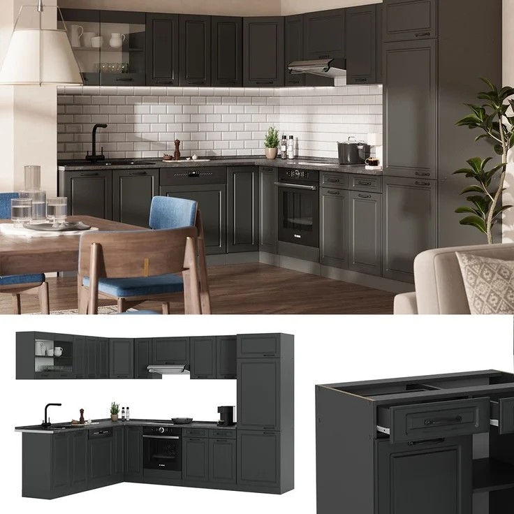 Eckküche R-Line Anthrazit Landhaus/Anthrazit 287 x 60 cm , AP Eiche Vicco – Bild 2