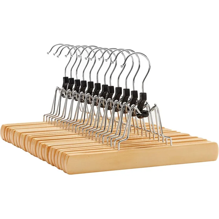 Calicosy Set aus 12 rutschfesten Kleiderbügeln mit Klammern für Hosen - L25 x H17 cm - Helles Holz