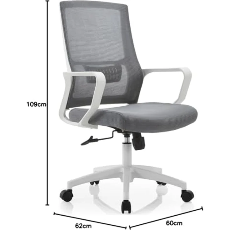 Shally Dogan Ergonomischer Drehstuhl mit Lendenwirbelstütze, Schreibtischstuhl, Arbeitszimmerstuhl, höhenverstellbar, stabile weiße Basis, schweißfeste Rückenlehne (Grau) – Bild 4