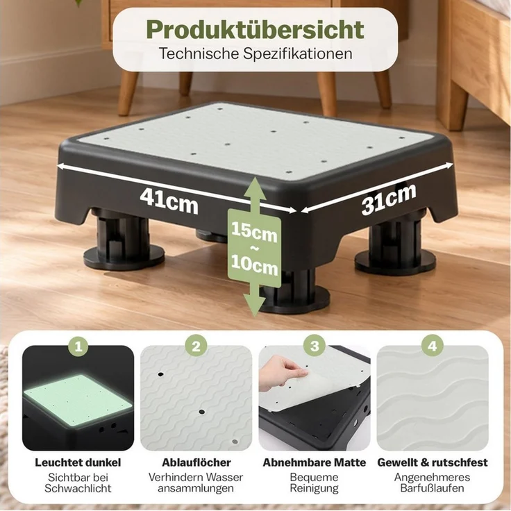 PRIISF Tritthocker Trittleiter Nachleuchtend Trittstufe Badhocker Rutschfest Füßen 250kg (41x31x10cm Höhenverstellbar Fußhocker für Bad Bett Kinder, Erwachsene), leuchtet im Dunkeln Tritthocker Höhenverstellbar Bad Toiletten Stuhl – Bild 2