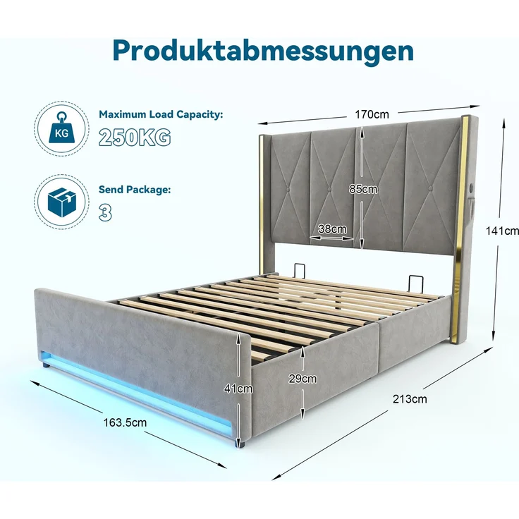 TavilaEcon Boxspringbett Veloursbett mit hohem Kopfteil, Seitentaschen & USB grau Liegefläche 160 × 200 cm – Bild 8